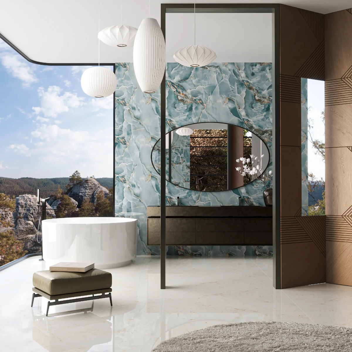 Gresie Rectificata Exterior / Interior Corsica Onyx Aqua Endless 60 X 120 Cm Lucioasa Portelanata Tip Marmura