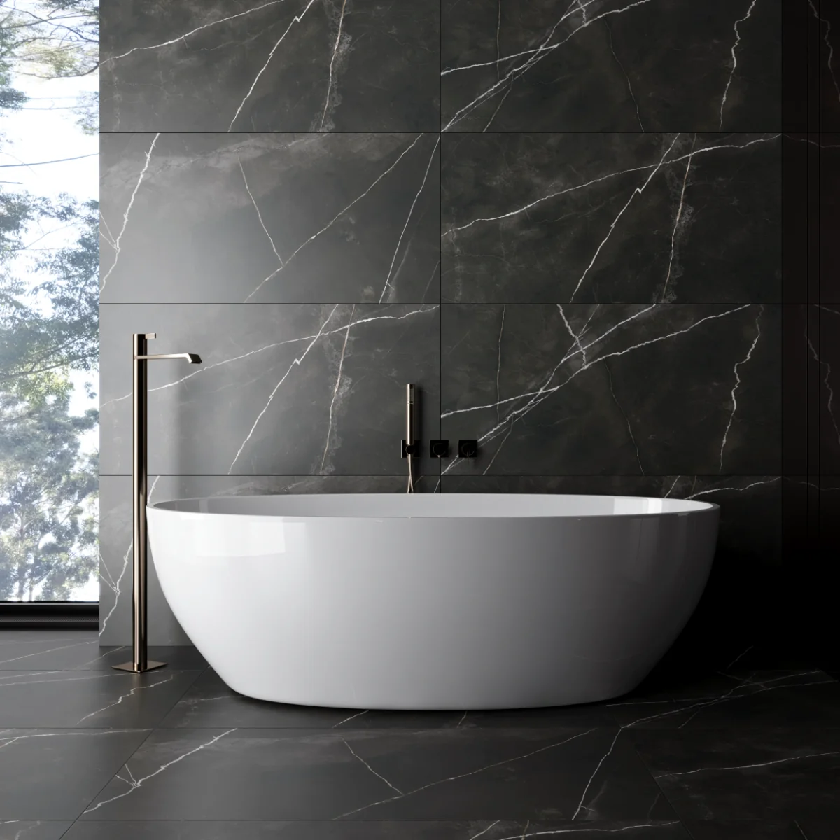 Gresie Exterior / Interior Antiderapanta Quasar Black 60 x 120 Cm Mata Portelanata Rectificata Tip Marmura