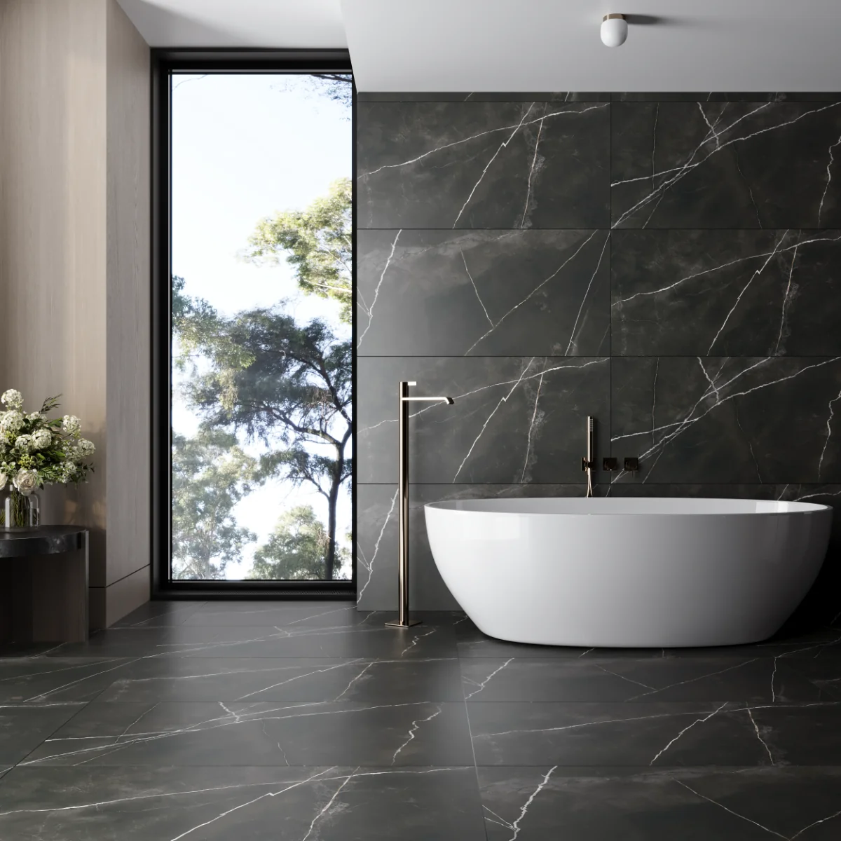 Gresie Exterior / Interior Antiderapanta Quasar Black 60 x 120 Cm Mata Portelanata Rectificata Tip Marmura