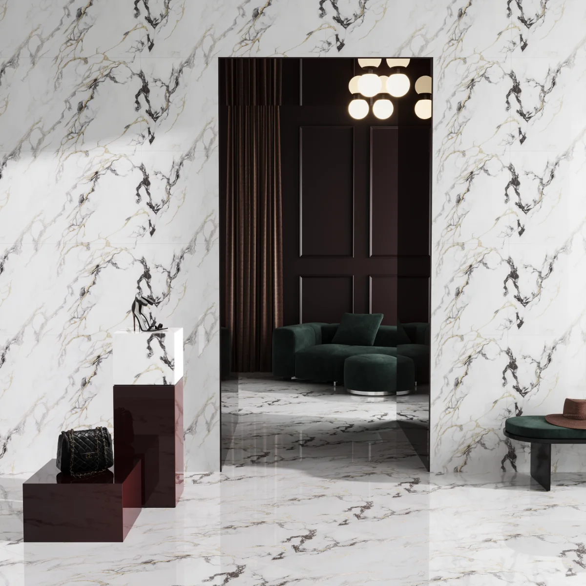 Gresie Rectificata Exterior / Interior Monet Gold Insert 60 x 120 cm Lucioasa Portelanata Tip Marmura