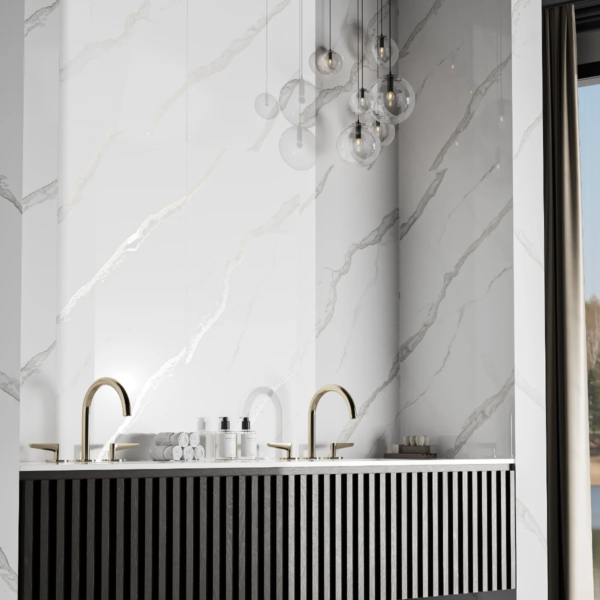 Gresie Rectificata Exterior / Interior Statuario Gold Insert 60 x 120 cm Lucioasa Portelanata Tip Marmura