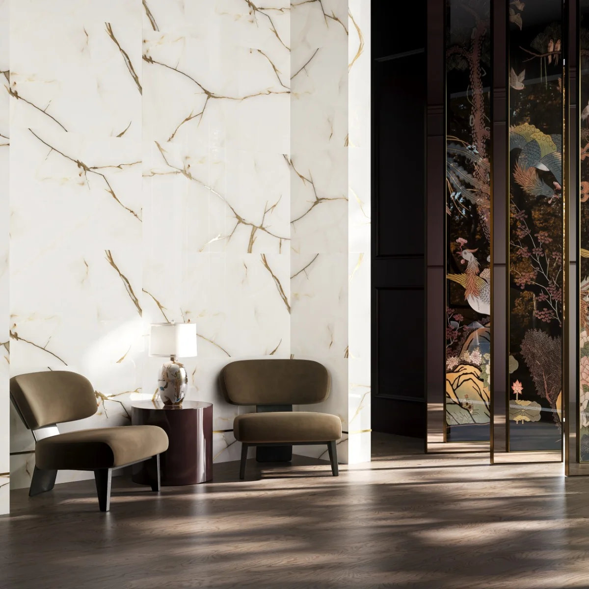 Gresie Rectificata Exterior / Interior Onyx Gold Insert 60 x 120 Cm Lucioasa Portelanata Tip Marmura