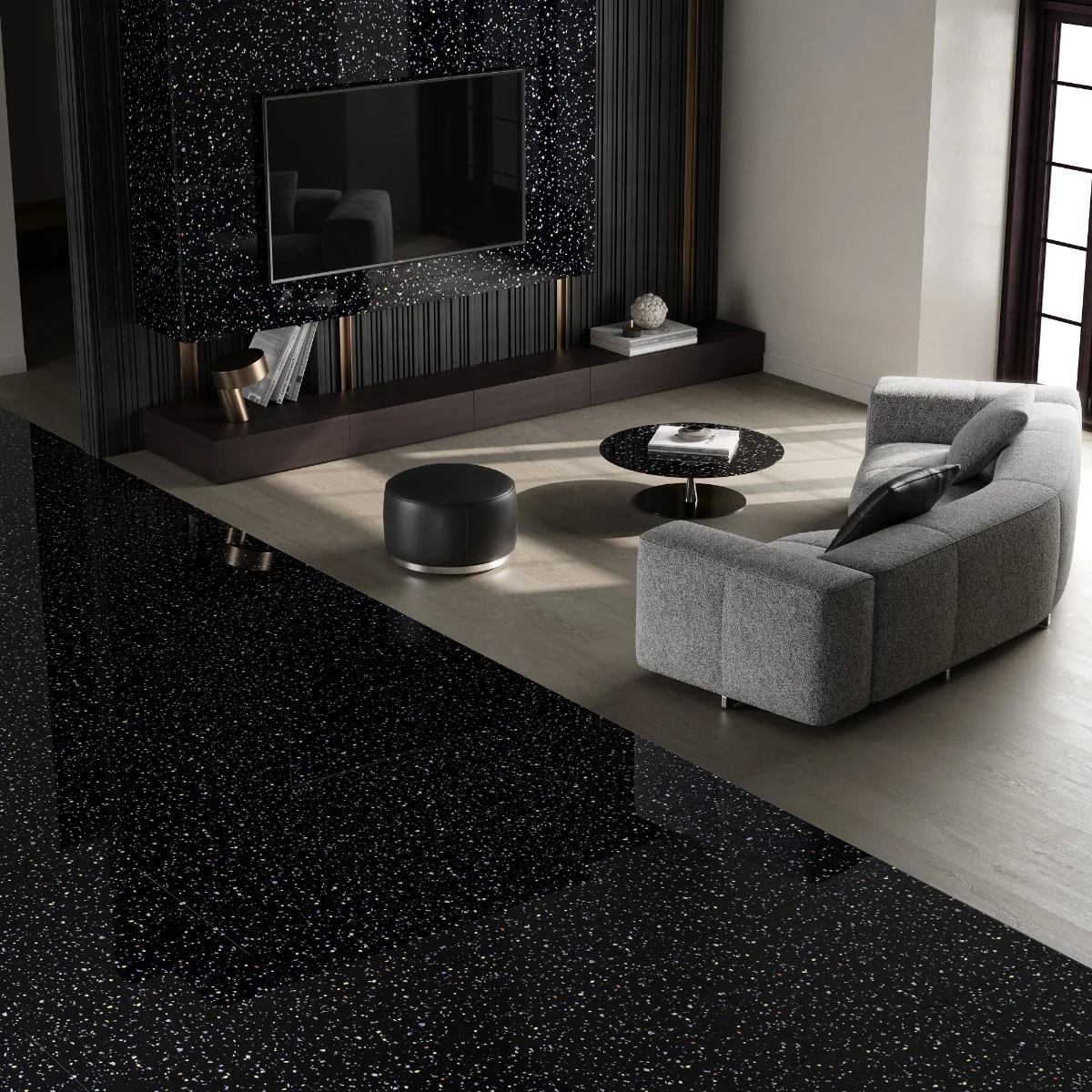 Gresie Mozaic Exterior / Interior Terazzo Dark Gold Insert 60 x 120 Cm Lucioasa Portelanata Rectificata