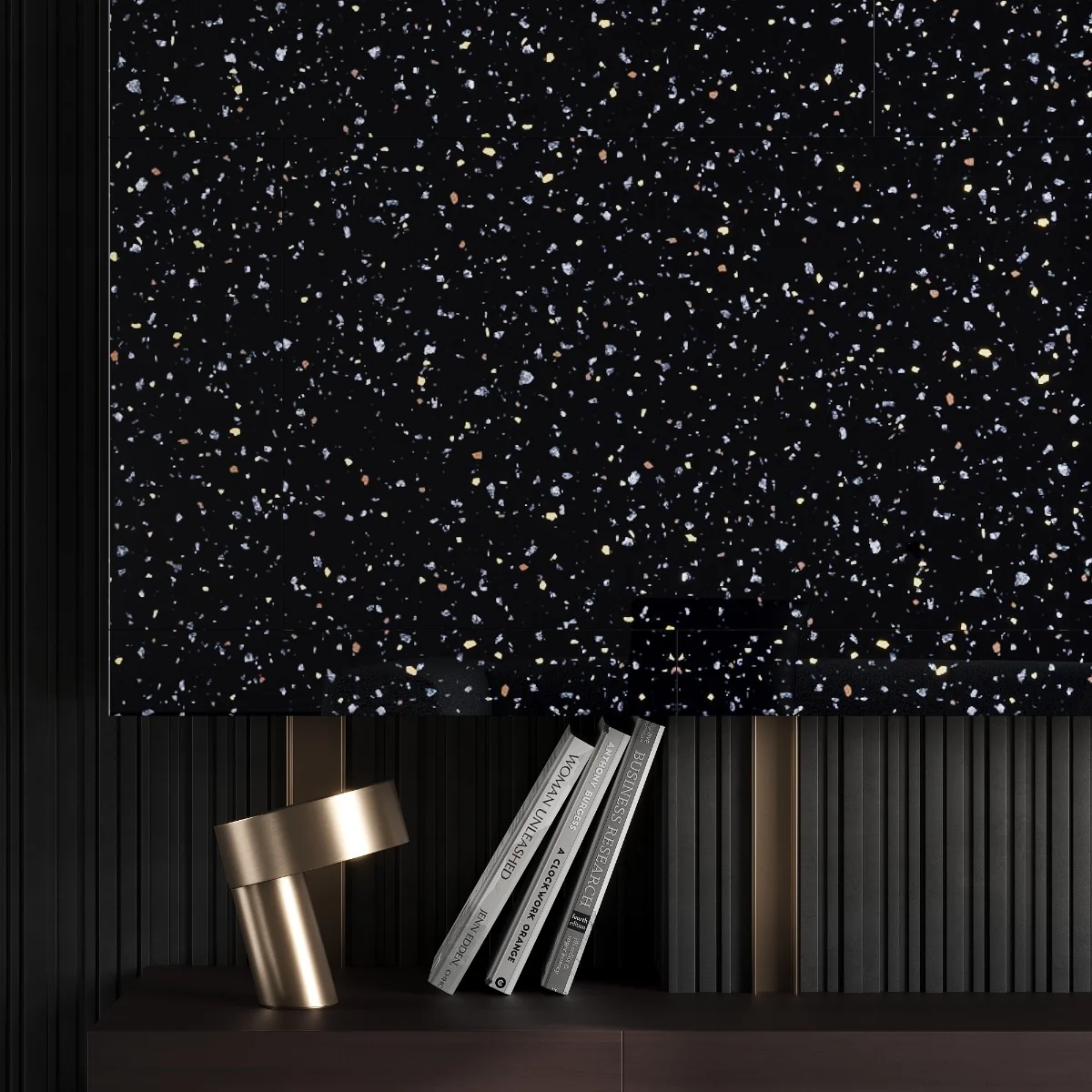 Gresie Mozaic Exterior / Interior Terazzo Dark Gold Insert 60 x 120 Cm Lucioasa Portelanata Rectificata