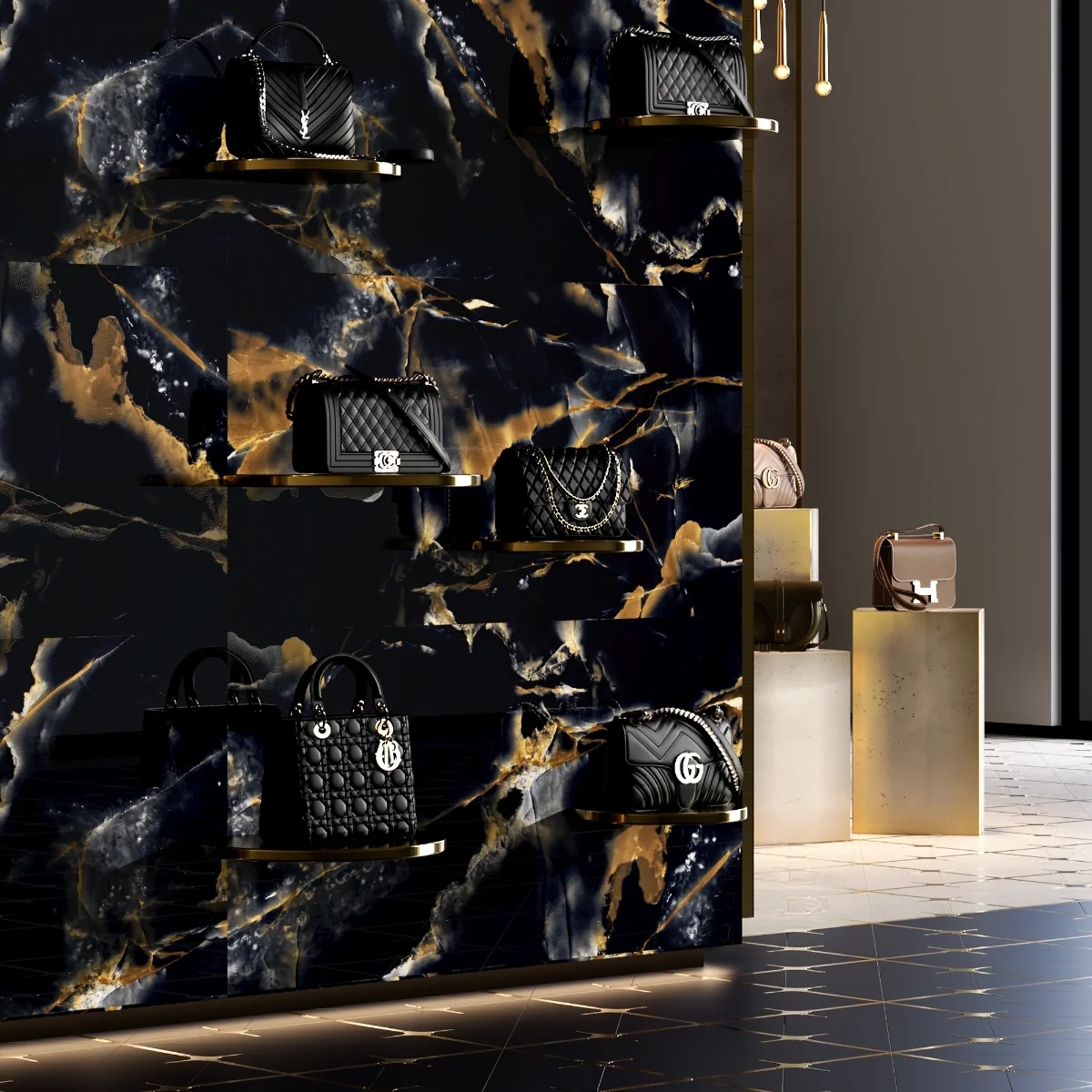 Gresie Exterior / Interior Portelanata Black Gold Insert 60 x 120 cm Lucioasa Rectificata Tip Marmura