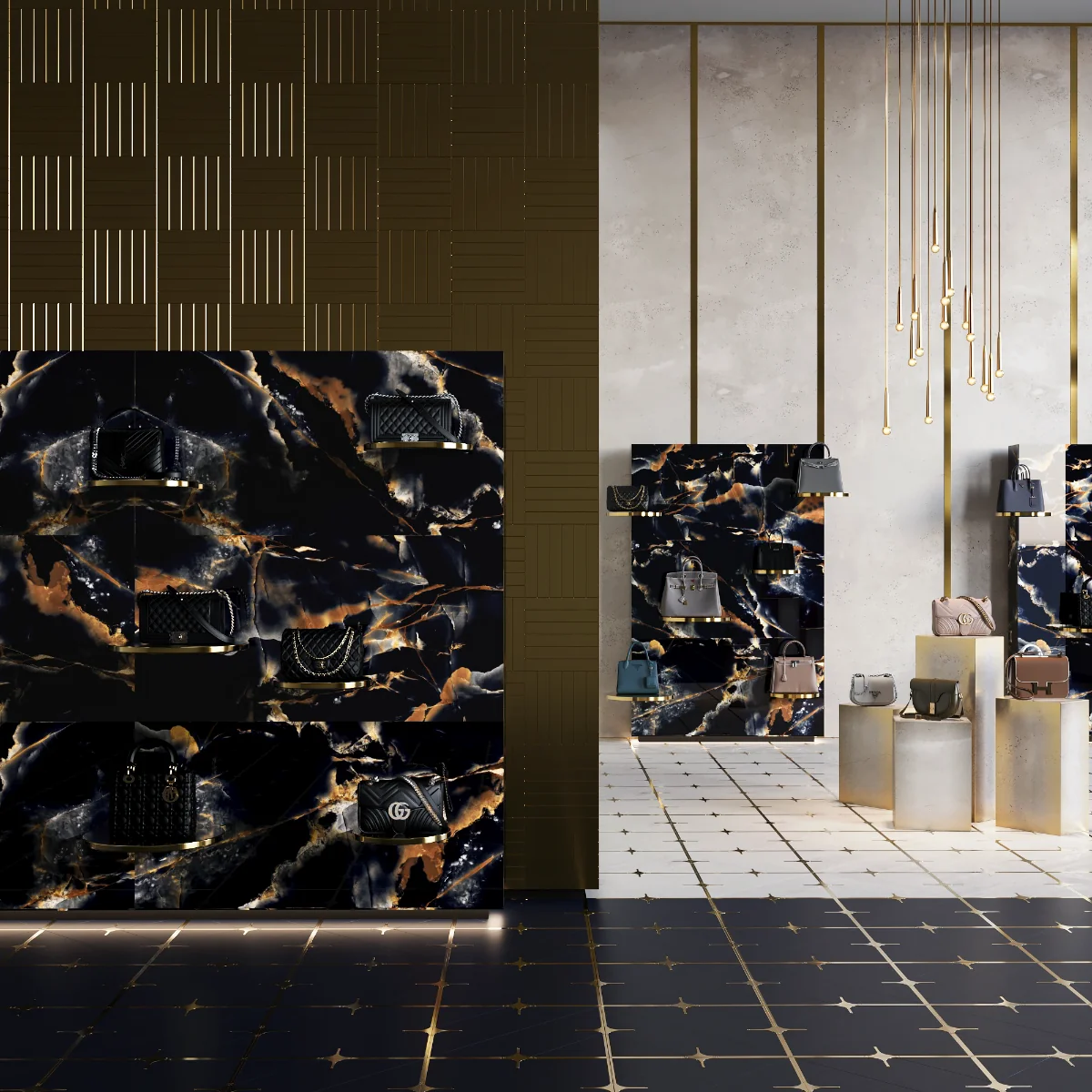 Gresie Exterior / Interior Portelanata Black Gold Insert 60 x 120 cm Lucioasa Rectificata Tip Marmura