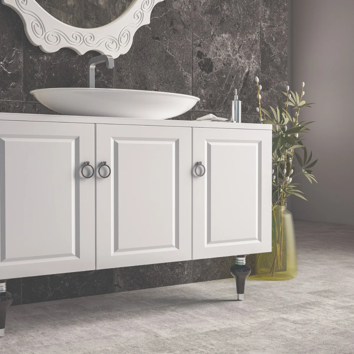 Set Mobilier Baie Palermo Cu Bază Pentru Lavoar Oglindă 120 cm Alb