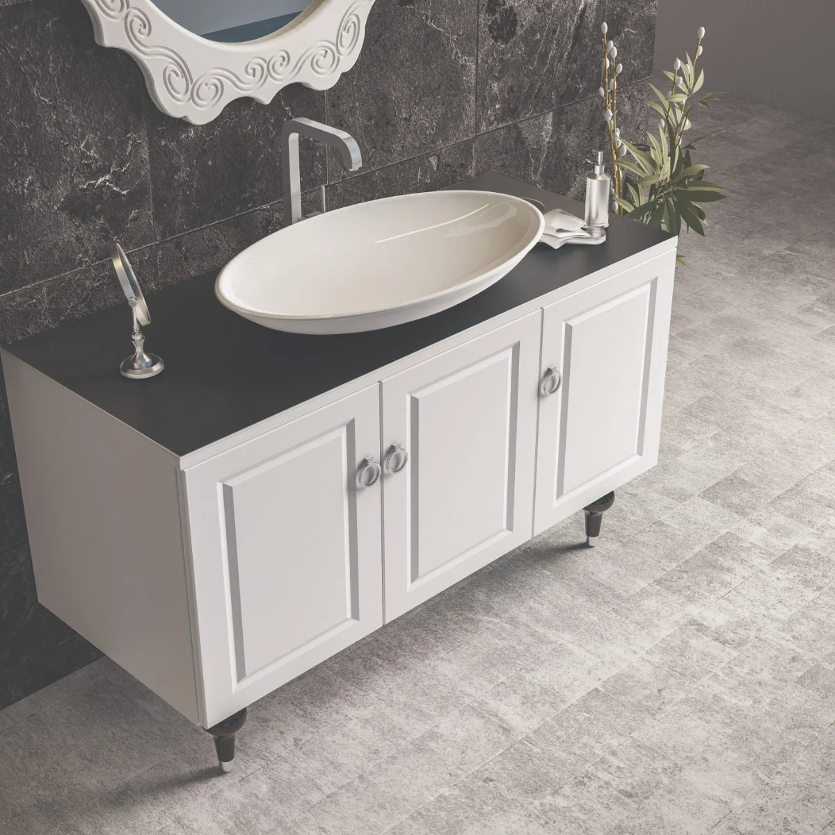 Set Mobilier Baie Palermo Cu Bază Pentru Lavoar Oglindă 120 cm Alb