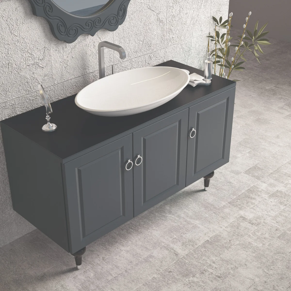 Set Mobilier Baie Palermo Cu Baza Pentru Lavoar Oglindă 120 cm Antracit