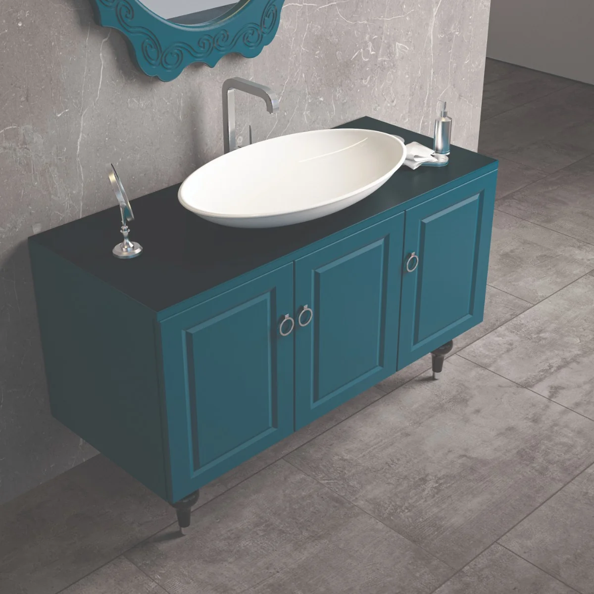 Set Mobilier Baie Palermo Cu Baza Pentru Lavoar Oglinda 120 cm Turcoaz