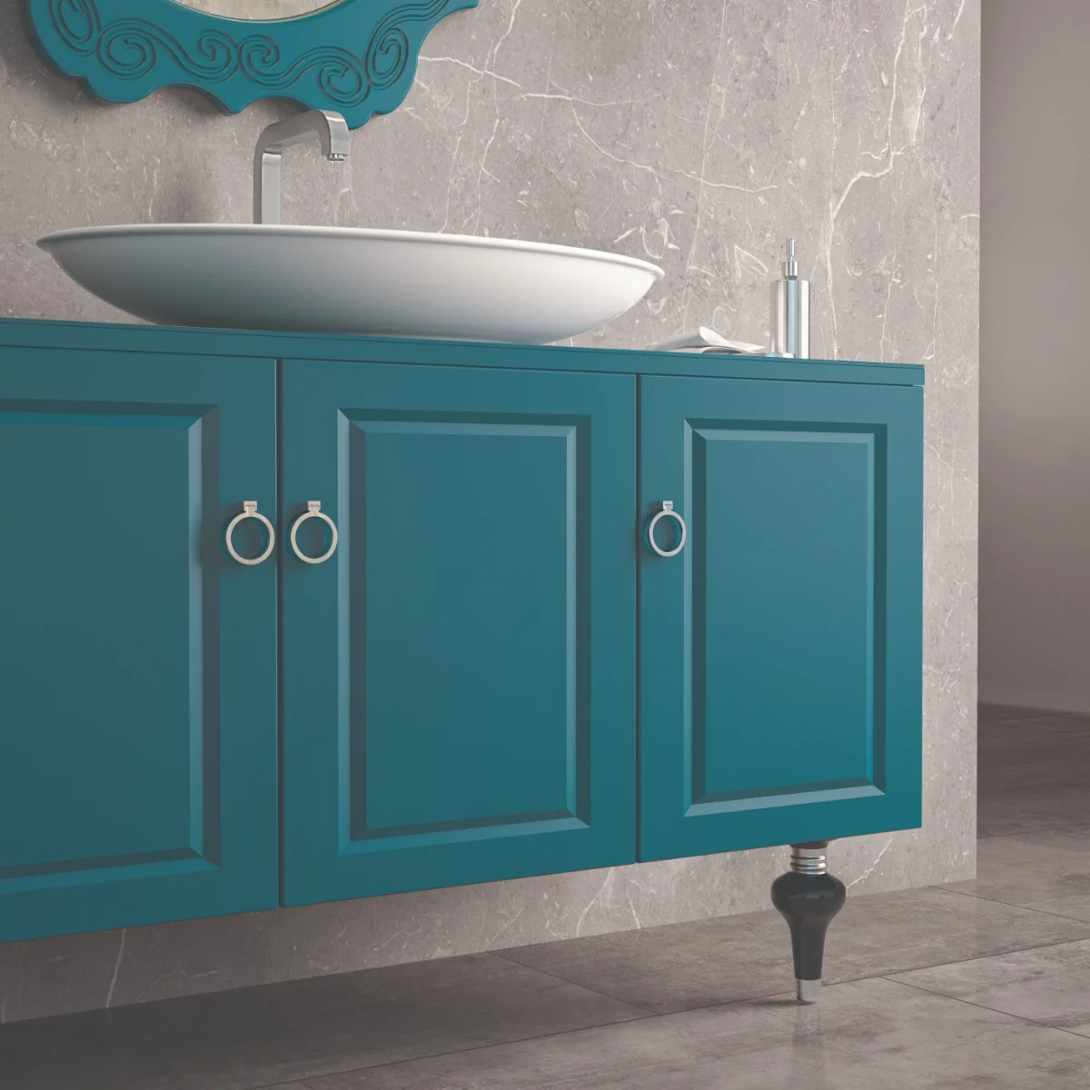 Set Mobilier Baie Palermo Cu Baza Pentru Lavoar Oglinda 120 cm Turcoaz