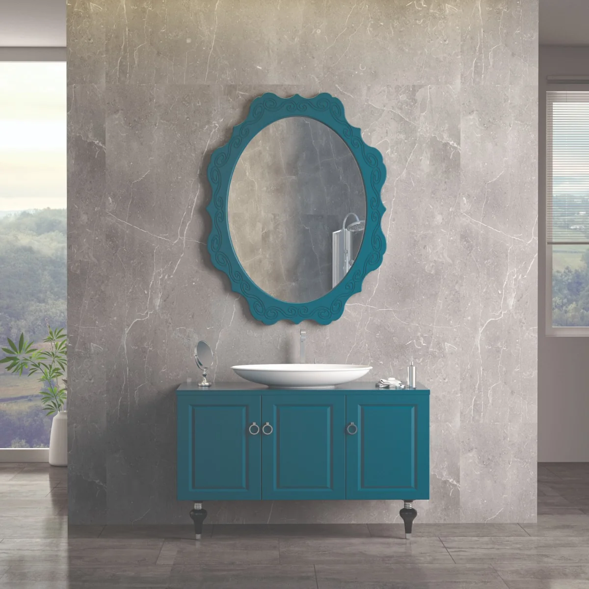 Set Mobilier Baie Palermo Cu Baza Pentru Lavoar Oglinda 120 cm Turcoaz