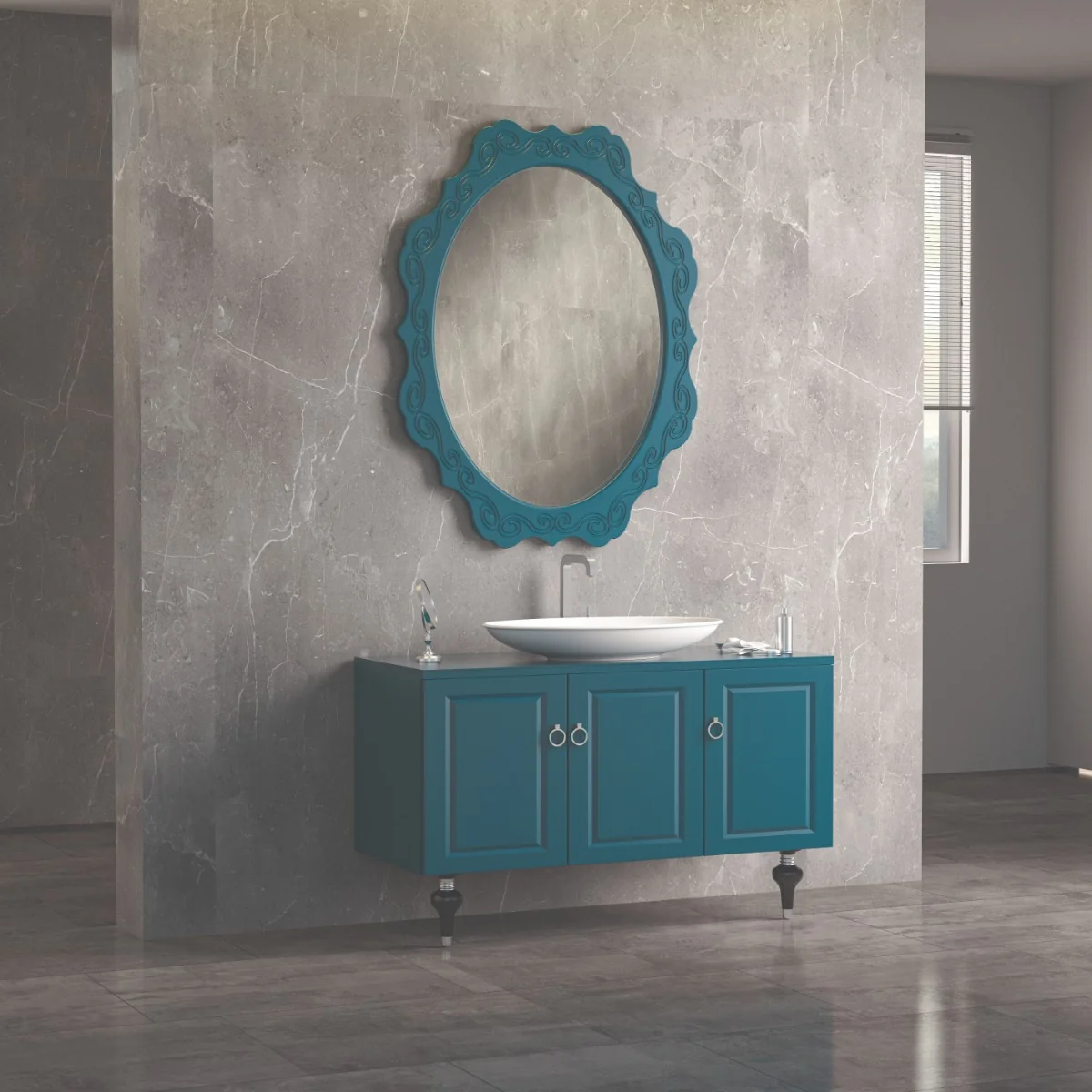 Set Mobilier Baie Palermo Cu Baza Pentru Lavoar Oglinda 120 cm Turcoaz