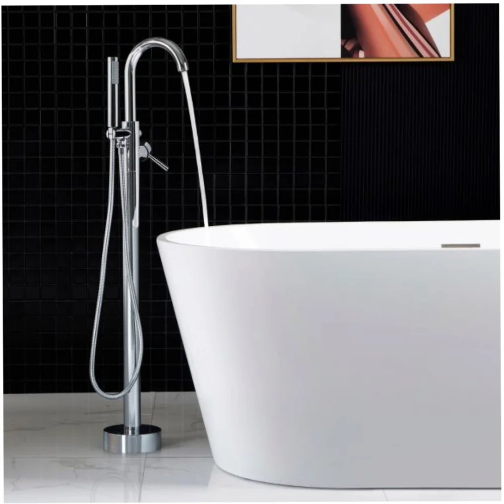 Baterie Freestanding Cu Montaj Pe Pardoseala Cadru Rotund Pipa Rotativa La 360° Crom