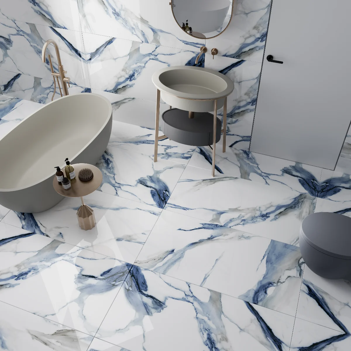 Gresie Exterior / Interior Portelanata Calacatta Aqua Blue 60 x 120 Cm Lucioasa Rectificata Tip Marmura