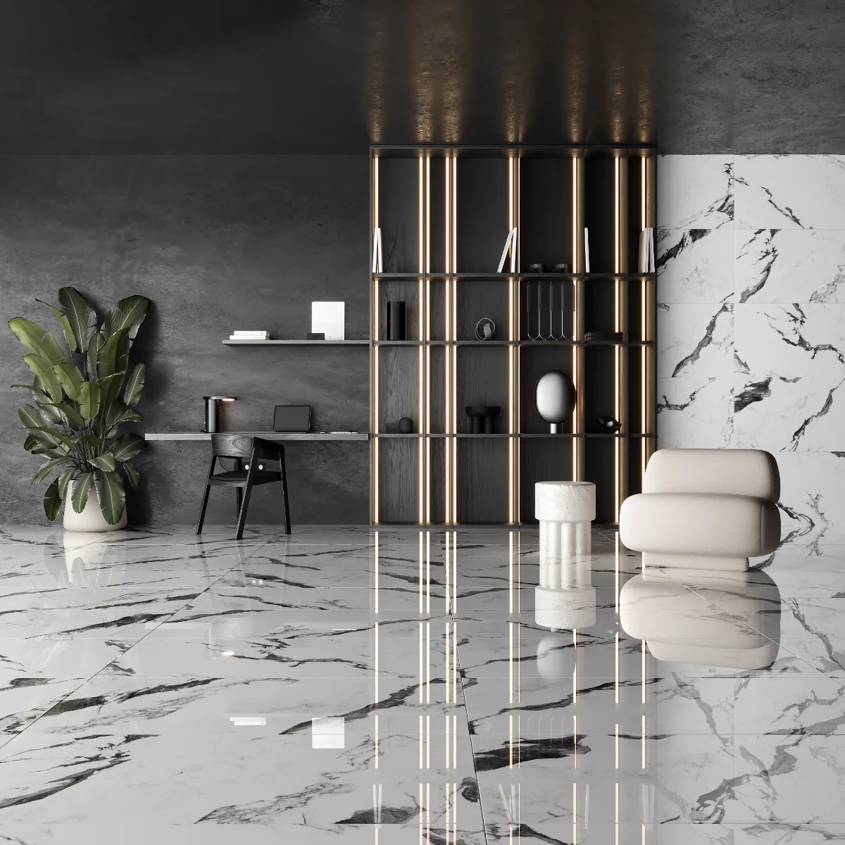 Gresie Exterior / Interior Portelanata Panda Marble White 60 x 120 Cm Lucioasa Rectificata Tip Marmura