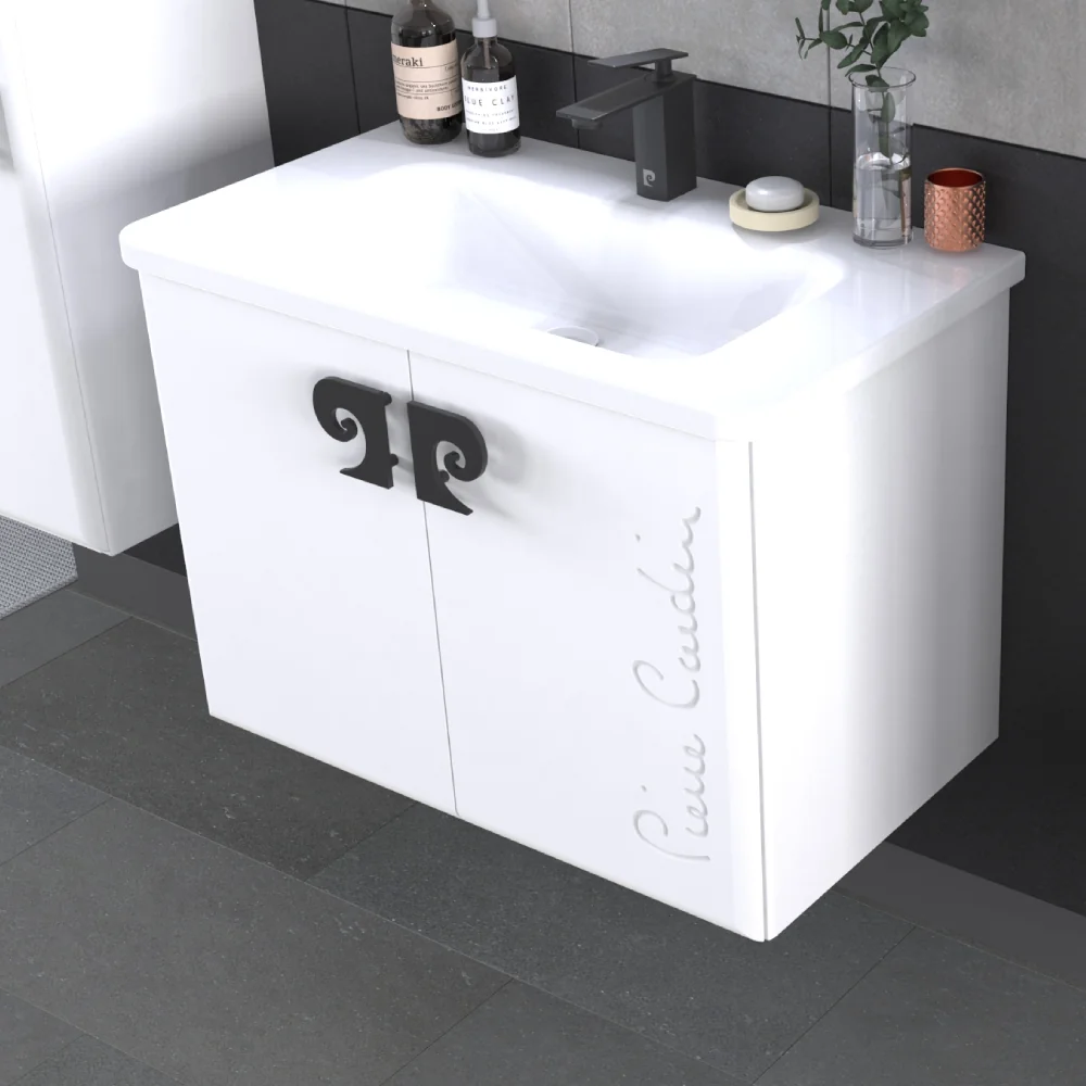 Set Mobilier Baie Pierre Cardin Star LED Suspendat 3 Piese Alb 80 cm