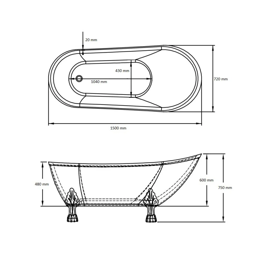 Cada Baie Freestanding Bella* BSM-404 Acril 150 x 75 x 75 Cm Alb Picioare Aurii