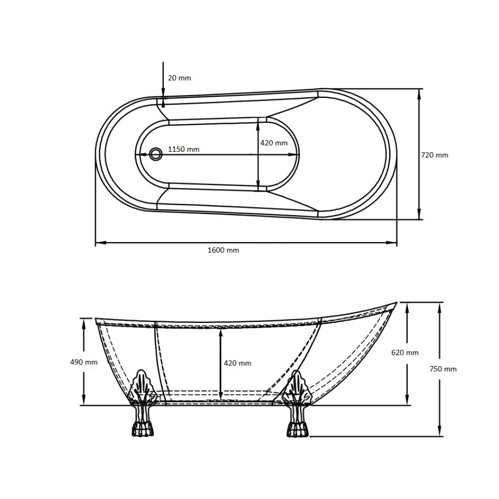 Cada Baie Freestanding Bella* BSM-404 Acril 160 x 75 x 75 cm Alb Picioare Aurii