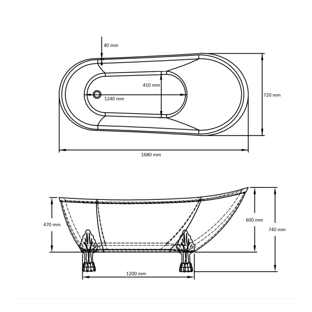 Cada Baie Freestanding Bella* BSM-404 Acril 170 x 75 x 75 Cm Negru Lucios Picioare Argintii