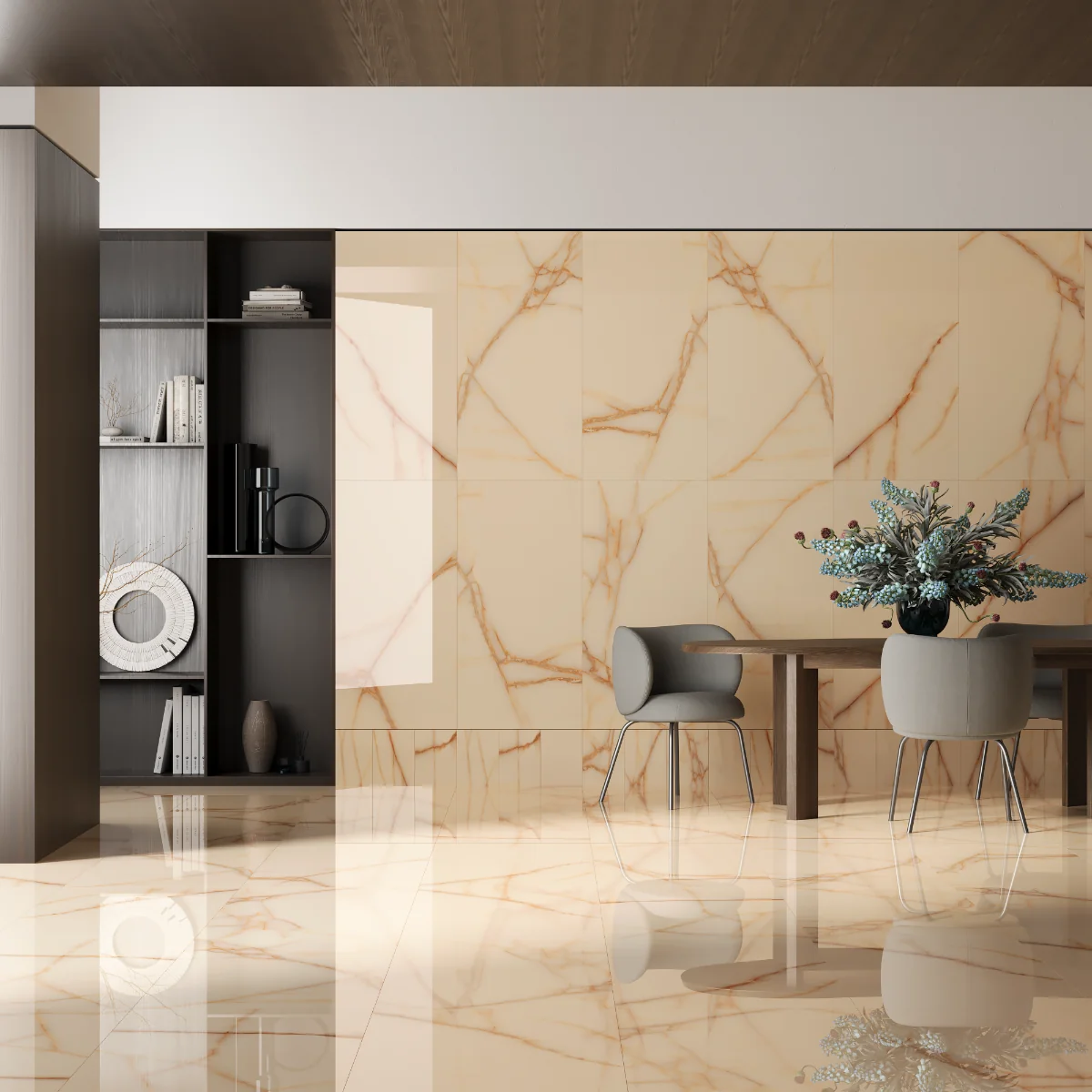 Gresie Exterior / Interior Portelanata Onyx Beige 59.5 x 119.5 Cm Lucioasa Rectificata Tip Marmura