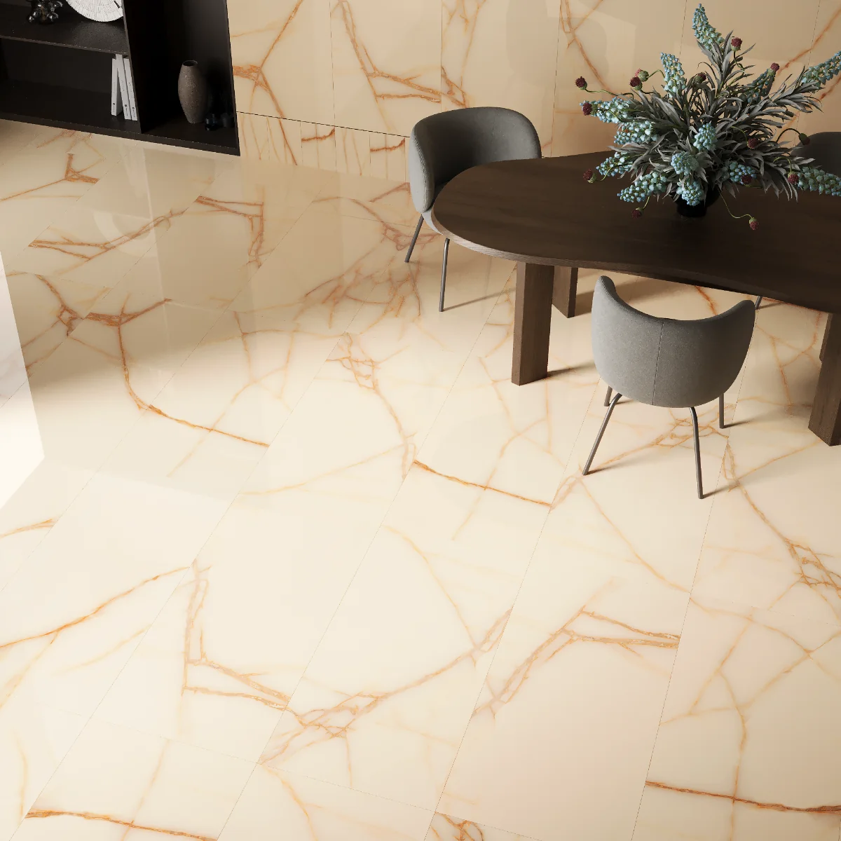 Gresie Exterior / Interior Portelanata Onyx Beige 59.5 x 119.5 Cm Lucioasa Rectificata Tip Marmura