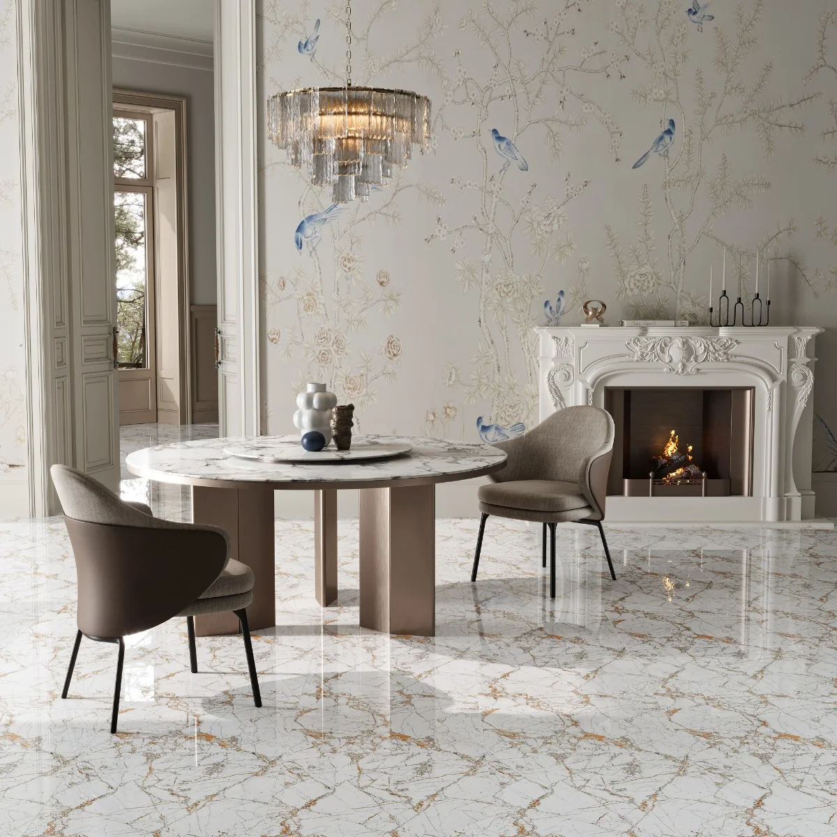 Gresie Exterior / Interior Portelanata Fiesta White 59.5 x 119.5 cm Lucioasa Rectificata Tip Marmura