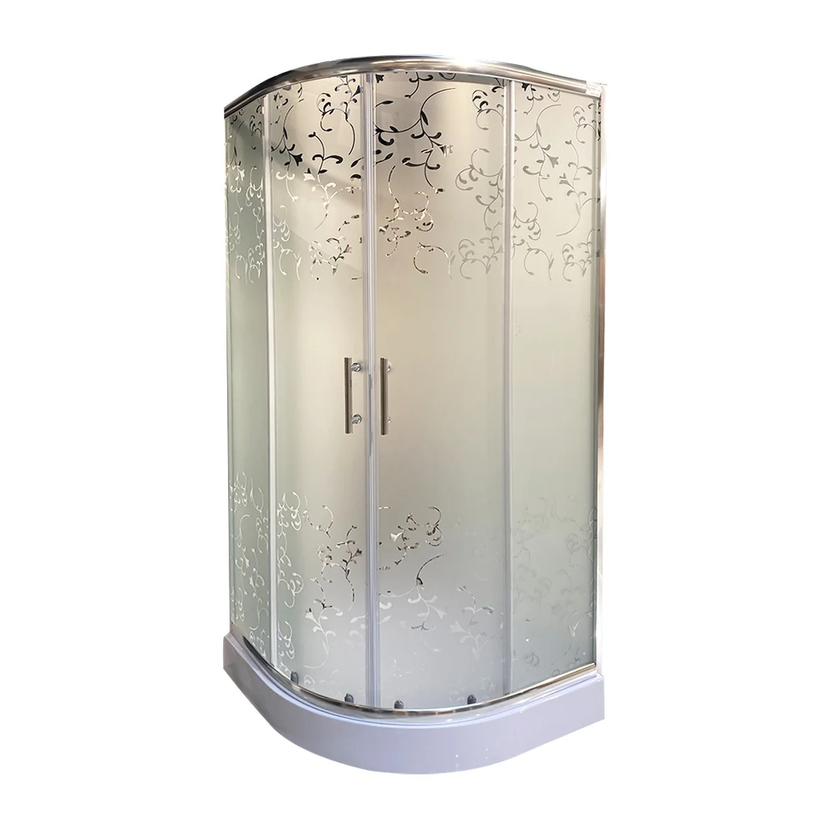 Cabină de Duș Simplă Semirotundă Saturn Sticlă Serigrafiată 4 mm Model Floral 90x90x195 cm Profil Aluminiu Cadită Joasă și Sifon Incluse