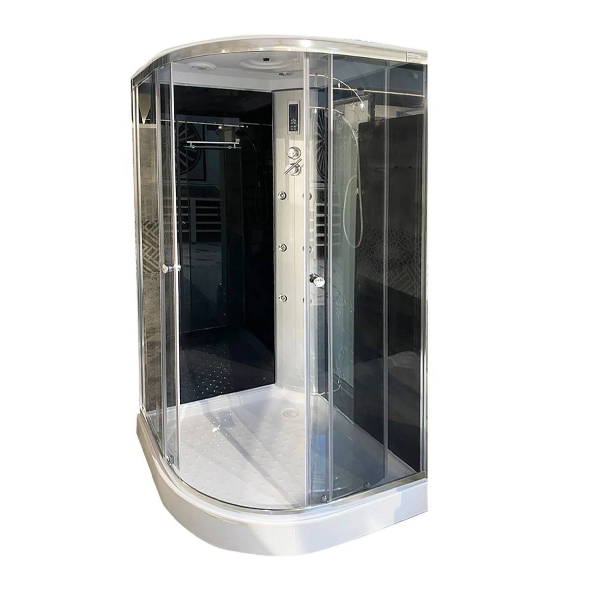 Cabina De Dus Cu Hidromasaj Semirotunda Marte Sticla Gri 4 Mm 100x100x215 Cm Profil Argintiu Cadita Joasa Si Sifon Incluse