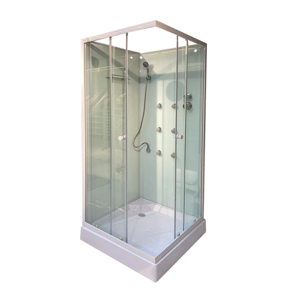 Cabina De Dus Cu Hidromasaj Patrata Elba Square Sticla Transparenta 90x90x200 Cm Profil Alb Cadita Joasa Si Sifon Incluse