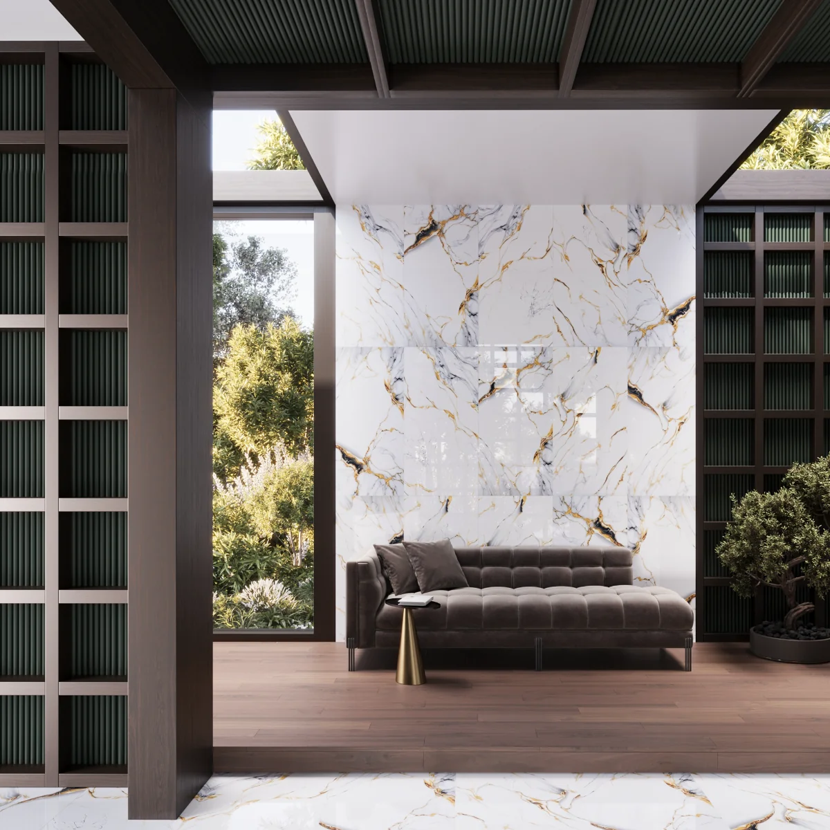 Gresie Exterior / Interior Portelanata Onyx Waves Gold 60 x 120 cm Lucioasa Rectificata Tip Marmura