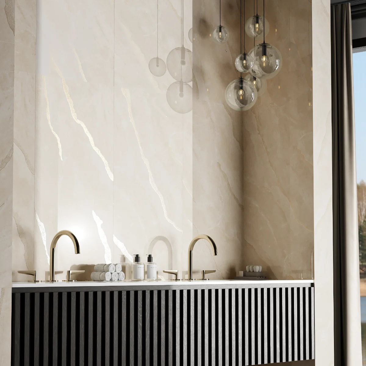 Gresie Rectificata Exterior / Interior Cream Gold Insert 60 x 120 cm Lucioasa Portelanata Tip Marmura