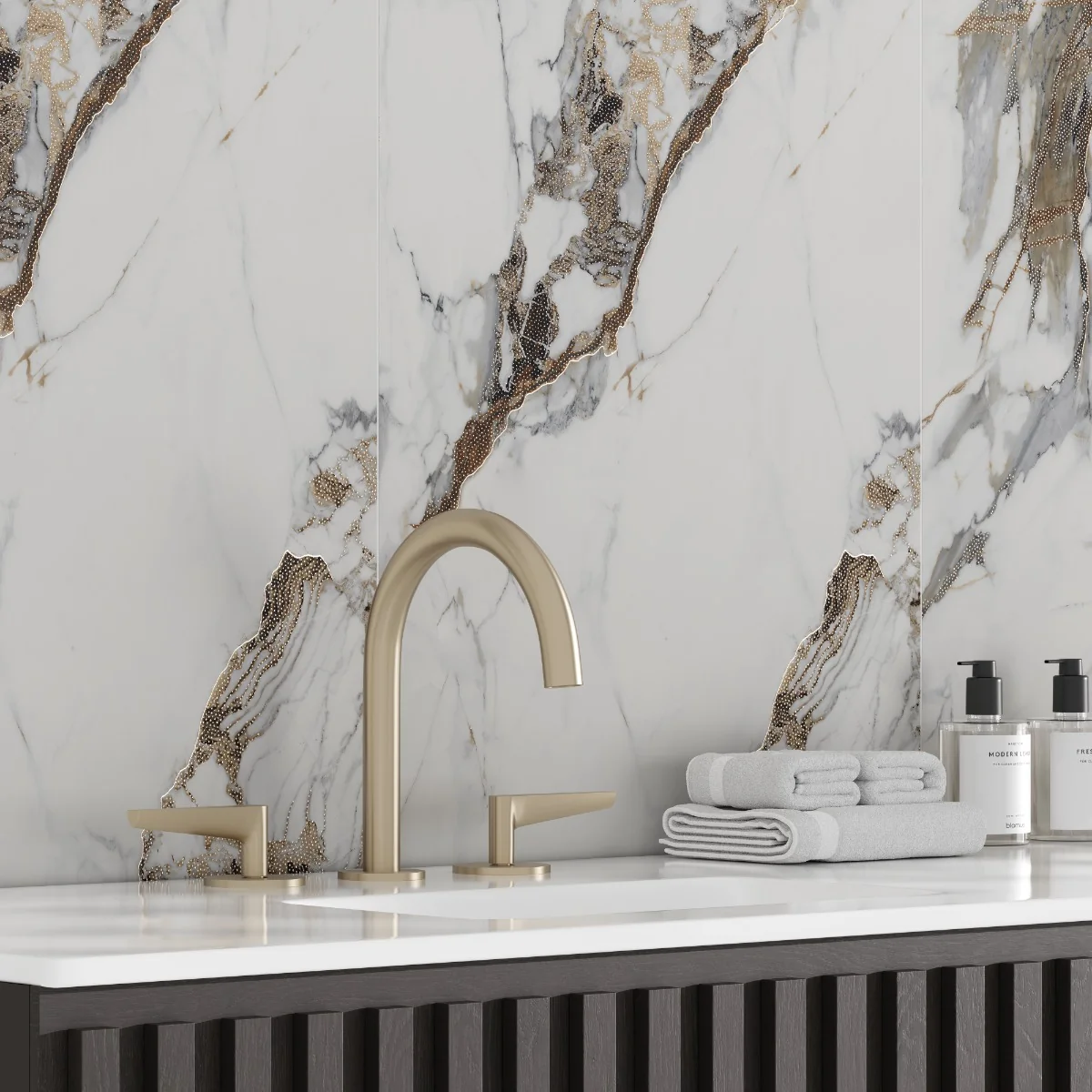 Gresie Exterior / Interior Portelanata Veins Gold Insert 60 x 120 cm Lucioasa Rectificata Tip Marmura