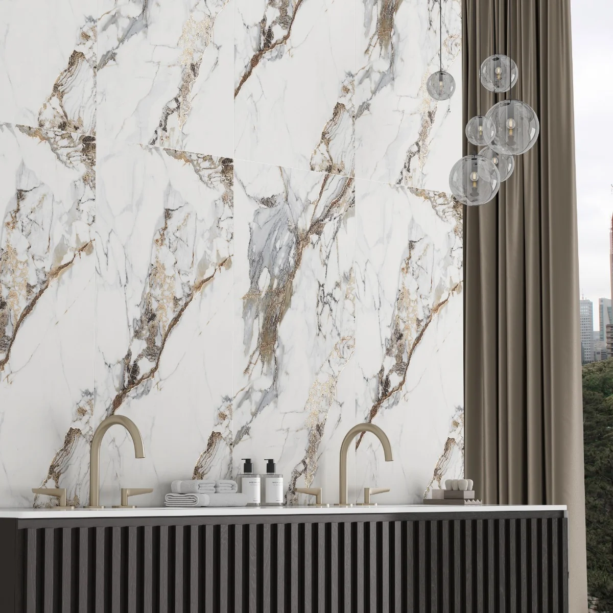 Gresie Exterior / Interior Portelanata Veins Gold Insert 60 x 120 cm Lucioasa Rectificata Tip Marmura