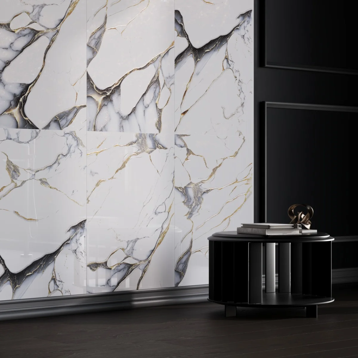 Gresie Cu Insertii Aurii Exterior / Interior Cobra Black Gold Insert Carving 60X120 Lucioasa Portelanata Rectificata Tip Marmura