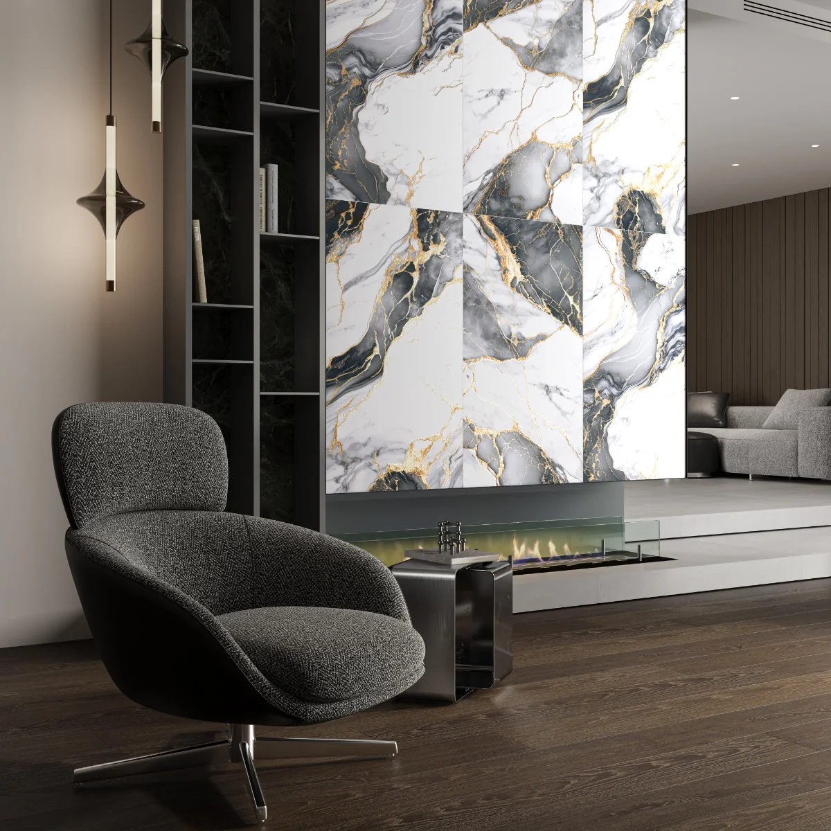 Gresie Cu Insertii Aurii Rozer Grey Gold Insert Carving 60X120 Lucioasa