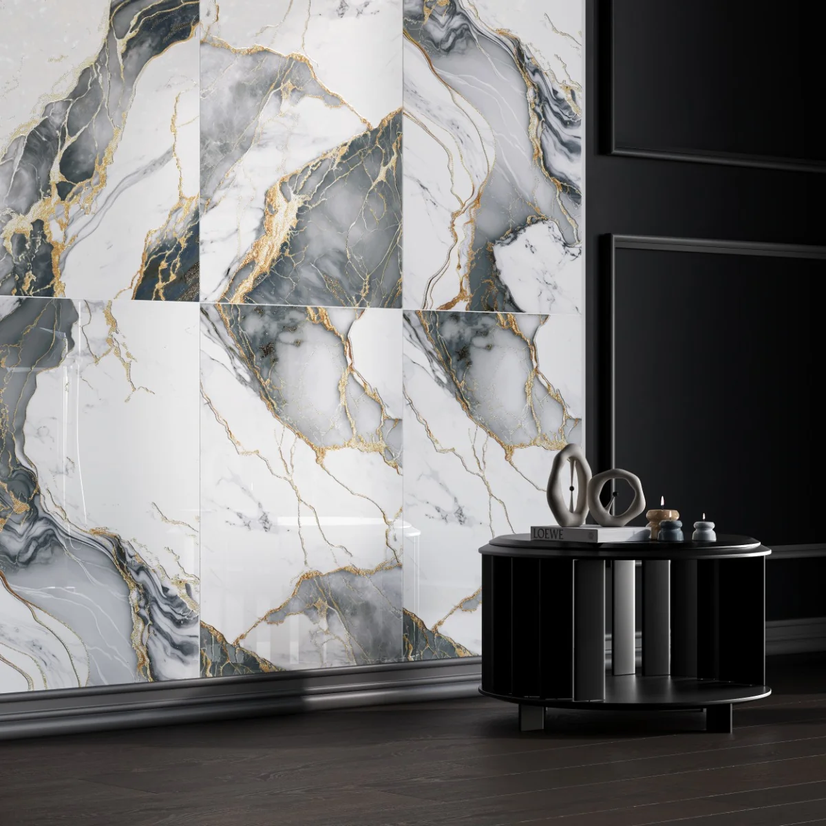 Gresie Cu Insertii Aurii Rozer Grey Gold Insert Carving 60X120 Lucioasa