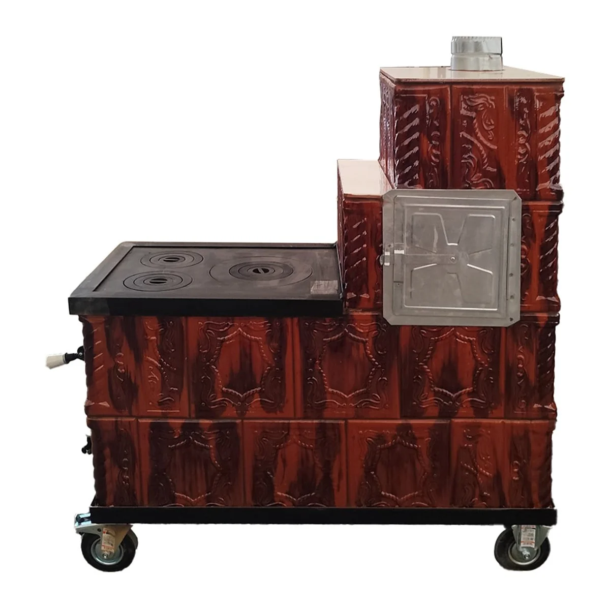 Soba Teracota Cu Plita Si Cuptor 4 Randuri Maro Degrade Tip Cizma Cu Roti 45 x 100 x 120 cm Evacuare Stanga