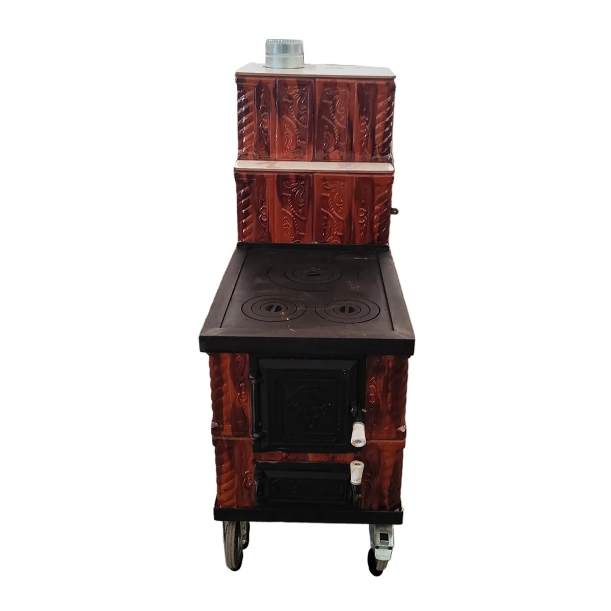 Soba Teracota Cu Plita Si Cuptor 4 Randuri Maro Degrade Tip Cizma Cu Roti 45 x 100 x 120 cm Evacuare Stanga