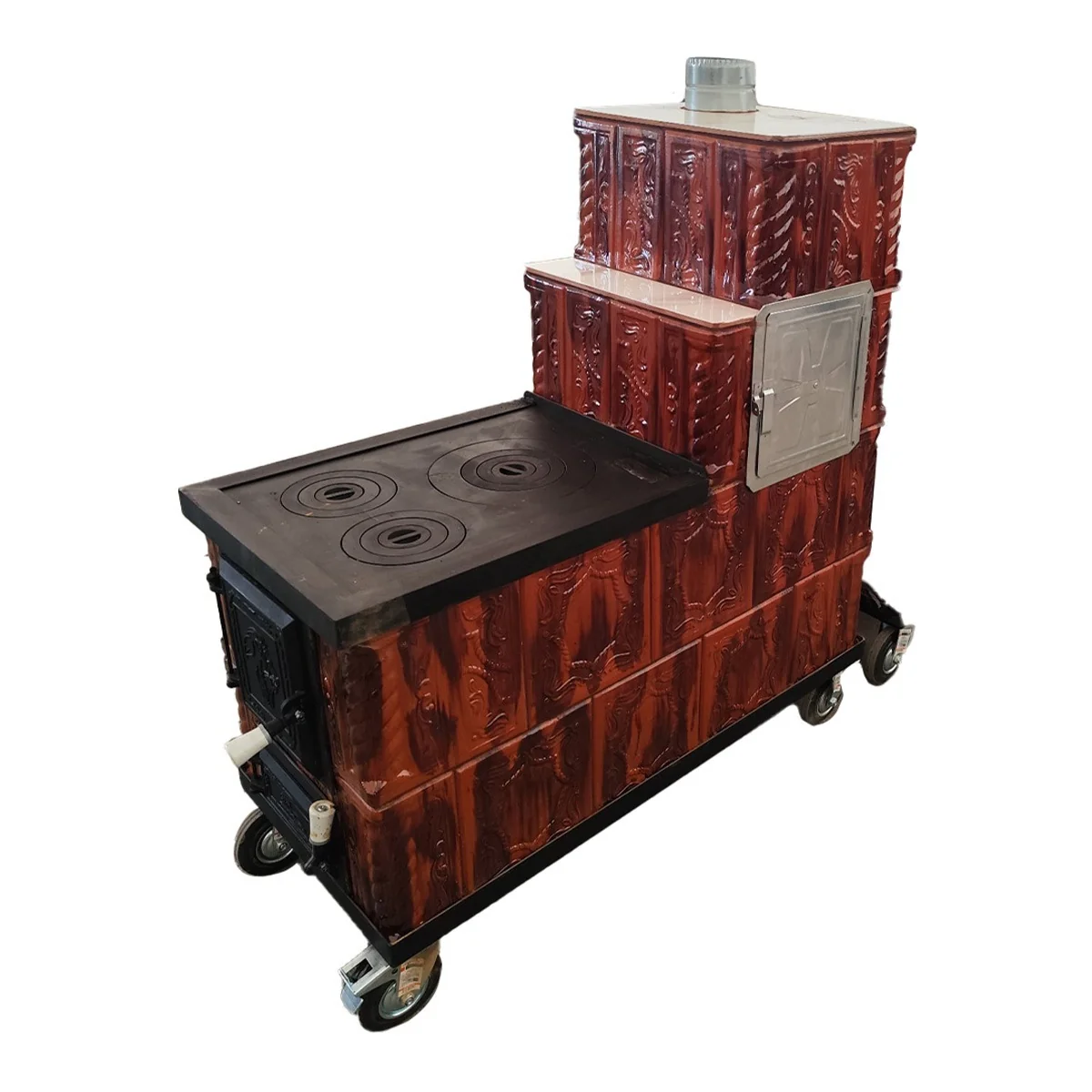 Soba Teracota Cu Plita Si Cuptor 4 Randuri Maro Degrade Tip Cizma Cu Roti 45 x 100 x 120 cm Evacuare Stanga