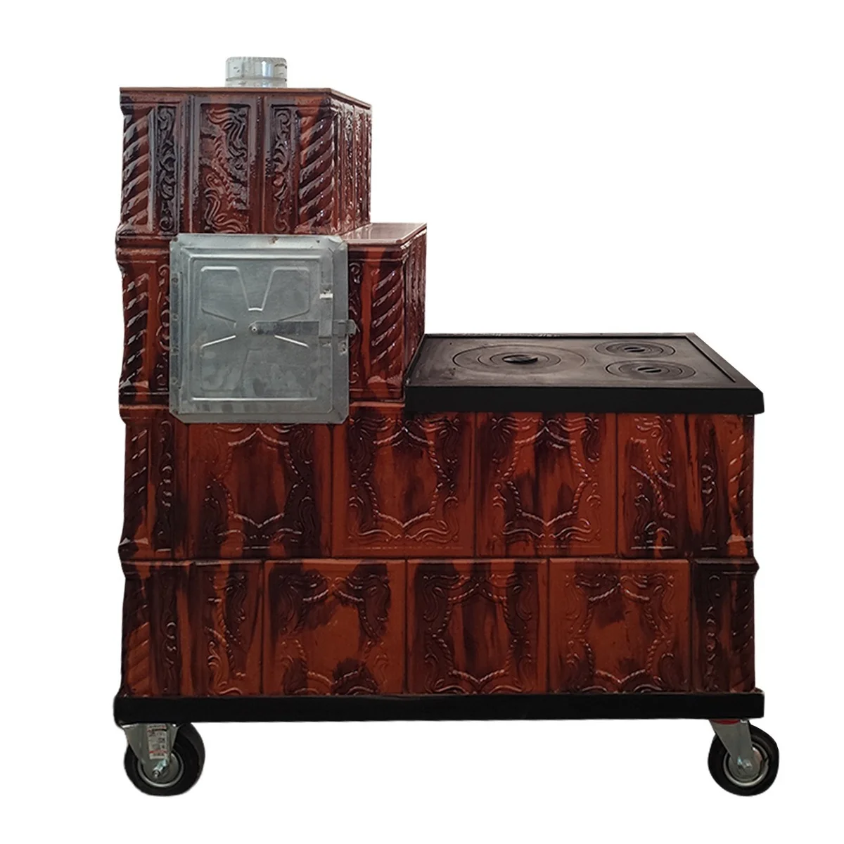 Soba Teracota Cu Plita Si Cuptor 4 Randuri Maro Degrade Tip Cizma Cu Roti 45 x 100 x 120 Cm Evacuare Dreapta