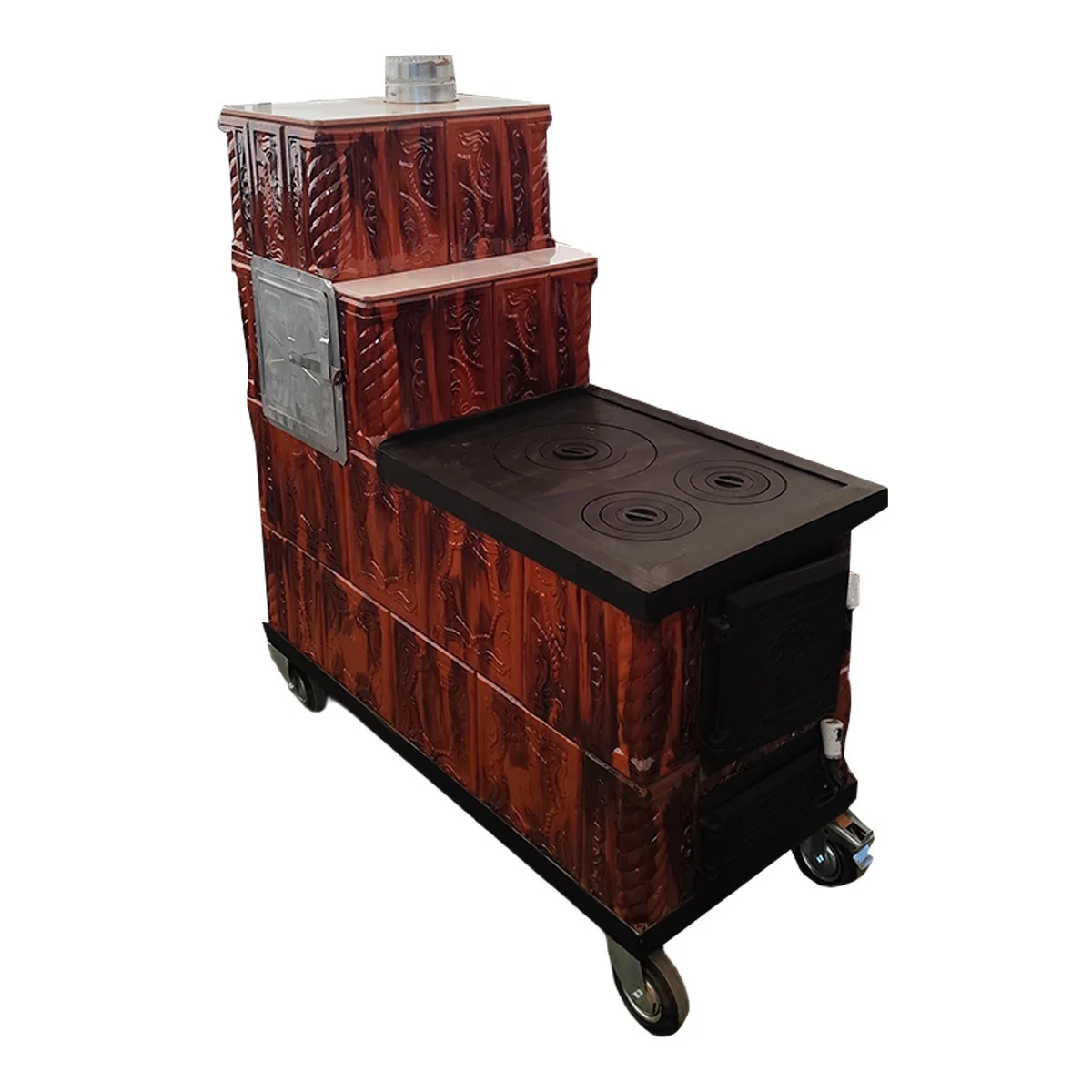 Soba Teracota Cu Plita Si Cuptor 4 Randuri Maro Degrade Tip Cizma Cu Roti 45 x 100 x 120 Cm Evacuare Dreapta