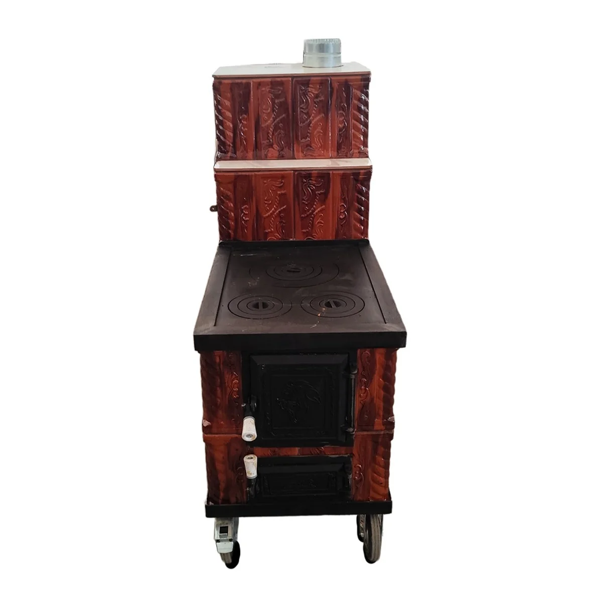 Soba Teracota Cu Plita Si Cuptor 4 Randuri Maro Degrade Tip Cizma Cu Roti 45 x 100 x 120 Cm Evacuare Dreapta