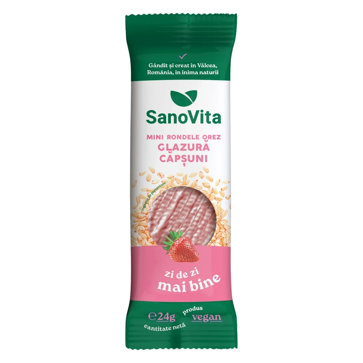 Mini rondele din orez cu glazura de capsuni, 24g, SanoVita