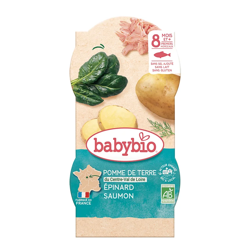 Meniu cu spanac, cartofi si somon 8+ luni, 2 x 200g, BabyBio