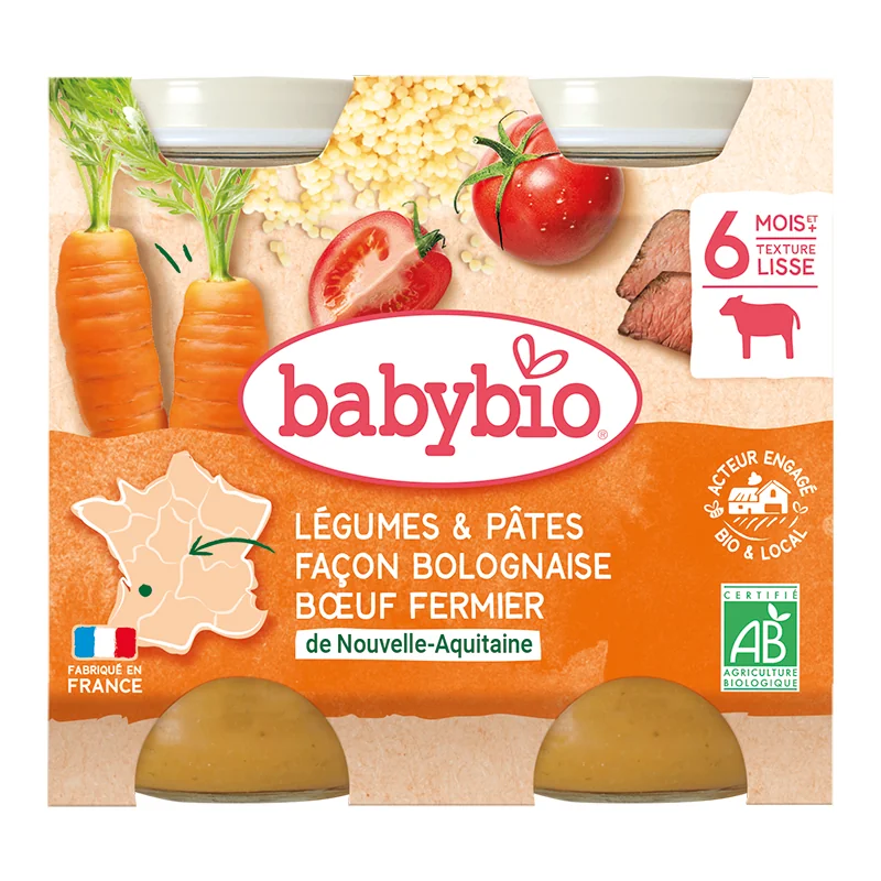 Piure bio de legume si paste in stil Bolognaise +6 luni, 2 x 200g, BabyBio