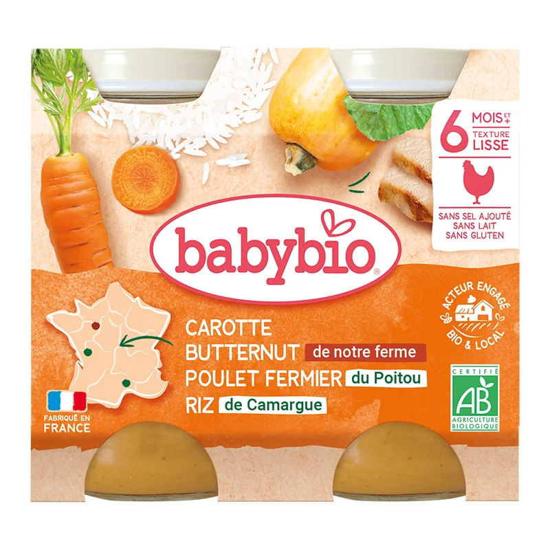Piure de morcovi, pui si orez Bio, 2 x 200g, BabyBio