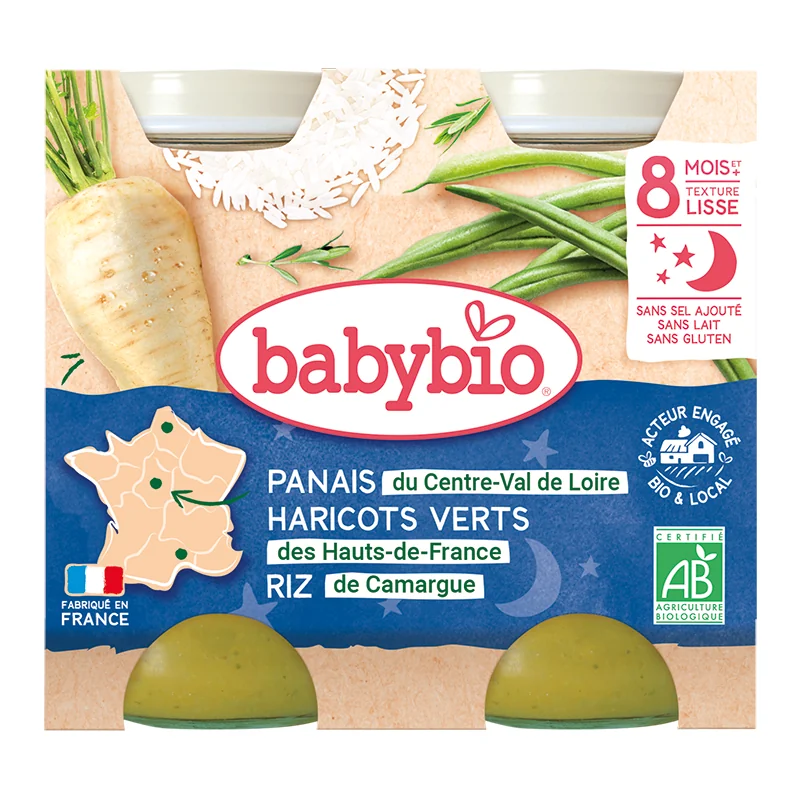 Piure de pastranac, fasole verde si orez Bio, 2 x 200g, BabyBio