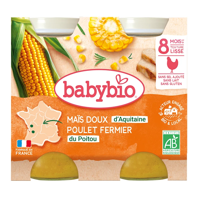 Piure de porumb dulce si pui Bio, 2 x 200g, BabyBio