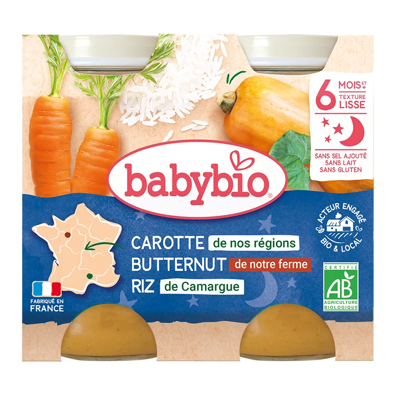 Piure de morcovi, dovleac si orez Bio, 2 x 200g, BabyBio